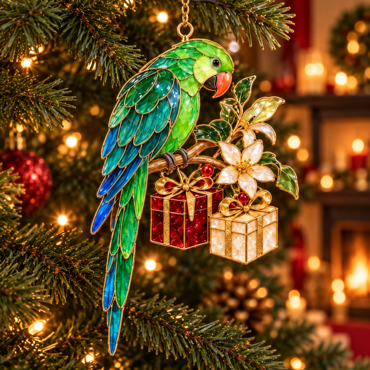 Tropical Parrot Christmas Ornaments – Vintage Stained Glass Style, Set of 6