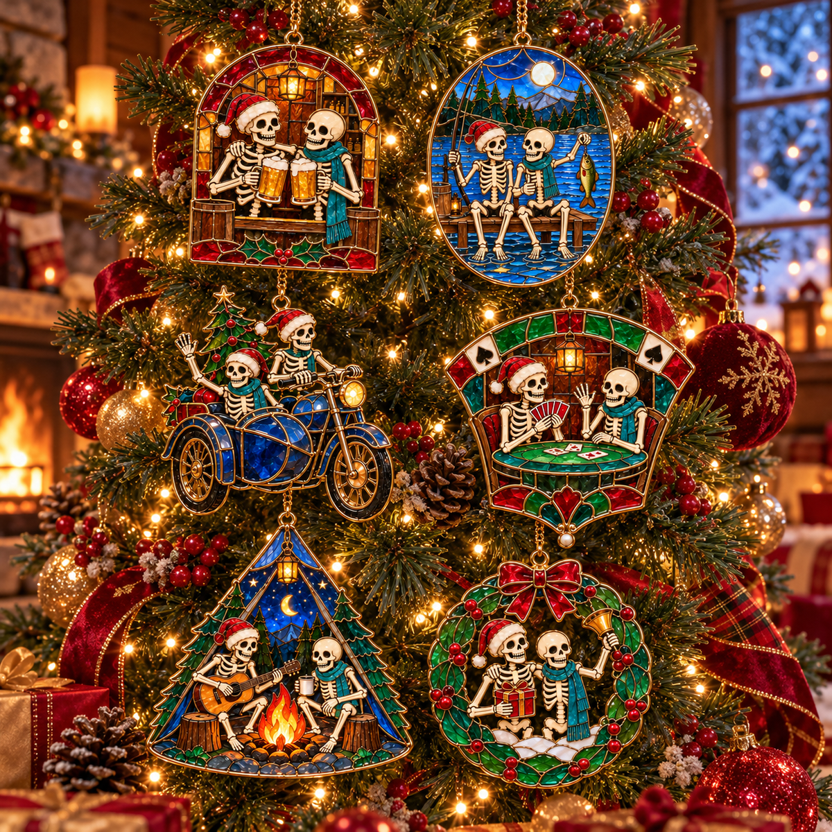 Friends for Eternity – Vintage Stained Glass Style Skeleton Christmas Ornaments, Set of 6