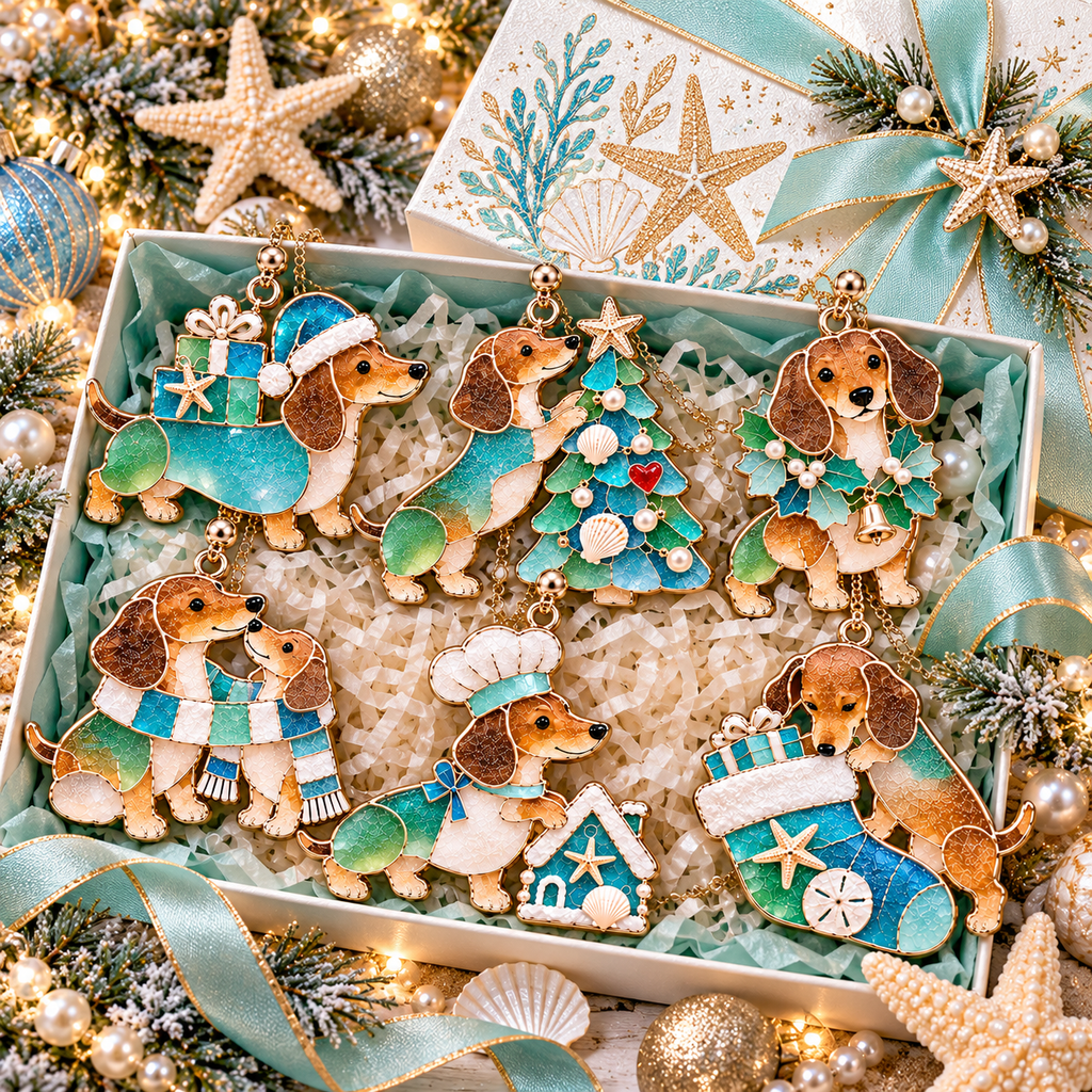 Coastal Christmas Dachshund Ornament Set – 6-Piece Stained Glass-Inspired Sea Glass Dog Christmas Tree Decorations, Gift for Dachshund Lovers