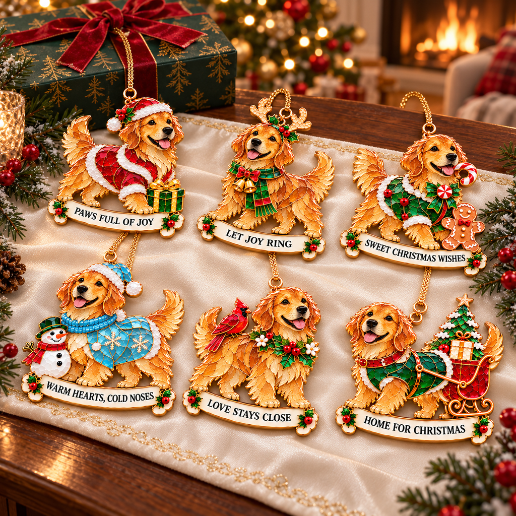 2026 Golden Retriever Christmas Ornaments – Set of 6 | Vintage Stained-Glass Style with Golden Accents & Heartwarming Holiday Wishes
