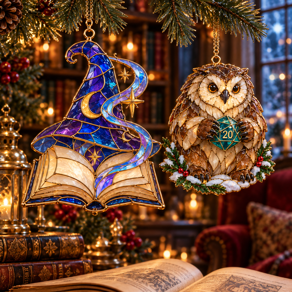 Enchanted Realms – 6-Piece Vintage Stained Glass-Style Fantasy Christmas Ornament Set