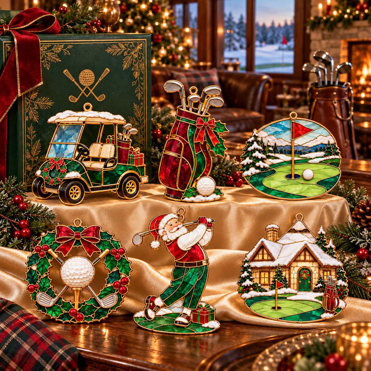 Tee Up the Holidays – Vintage Stained Glass-Style Golf Christmas Ornaments, 6-Piece Set