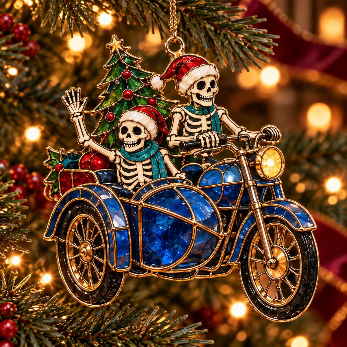 Friends for Eternity – Vintage Stained Glass Style Skeleton Christmas Ornaments, Set of 6