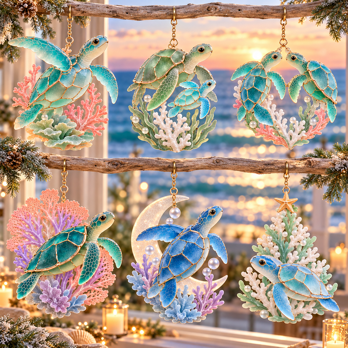 🐢 2026 Ocean Christmas Sea Turtle Ornaments – Set of 6 Coastal Holiday Keepsakes