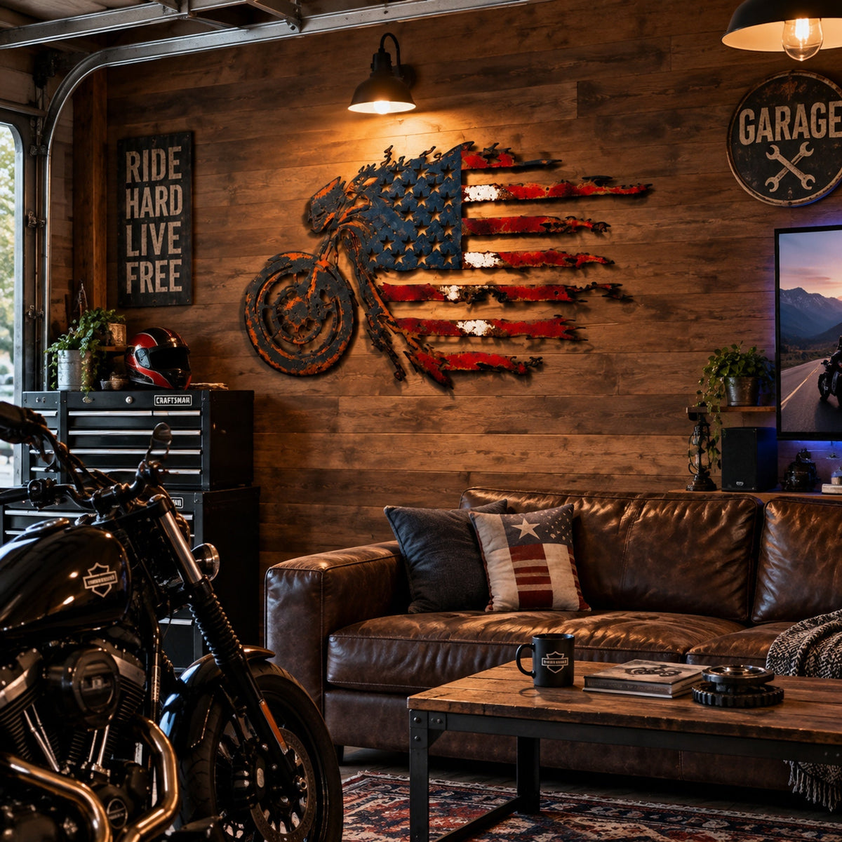 🏍️🇺🇸 American Flag Motorcycle Metal Wall Art – A Bold Tribute to Freedom & the Open Road