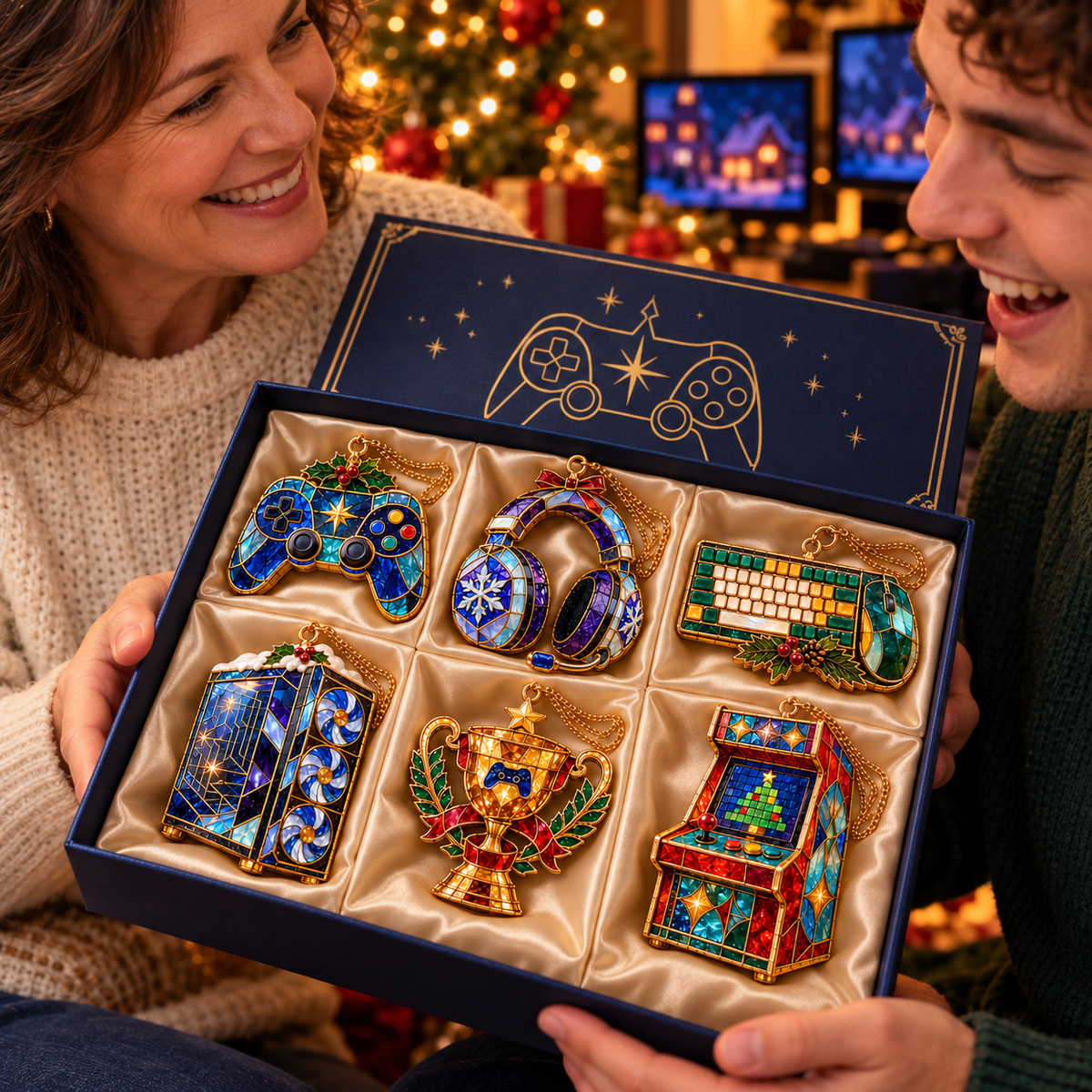 Level Up Your Christmas – 6-Piece Vintage Stained Glass Gaming Ornament Set