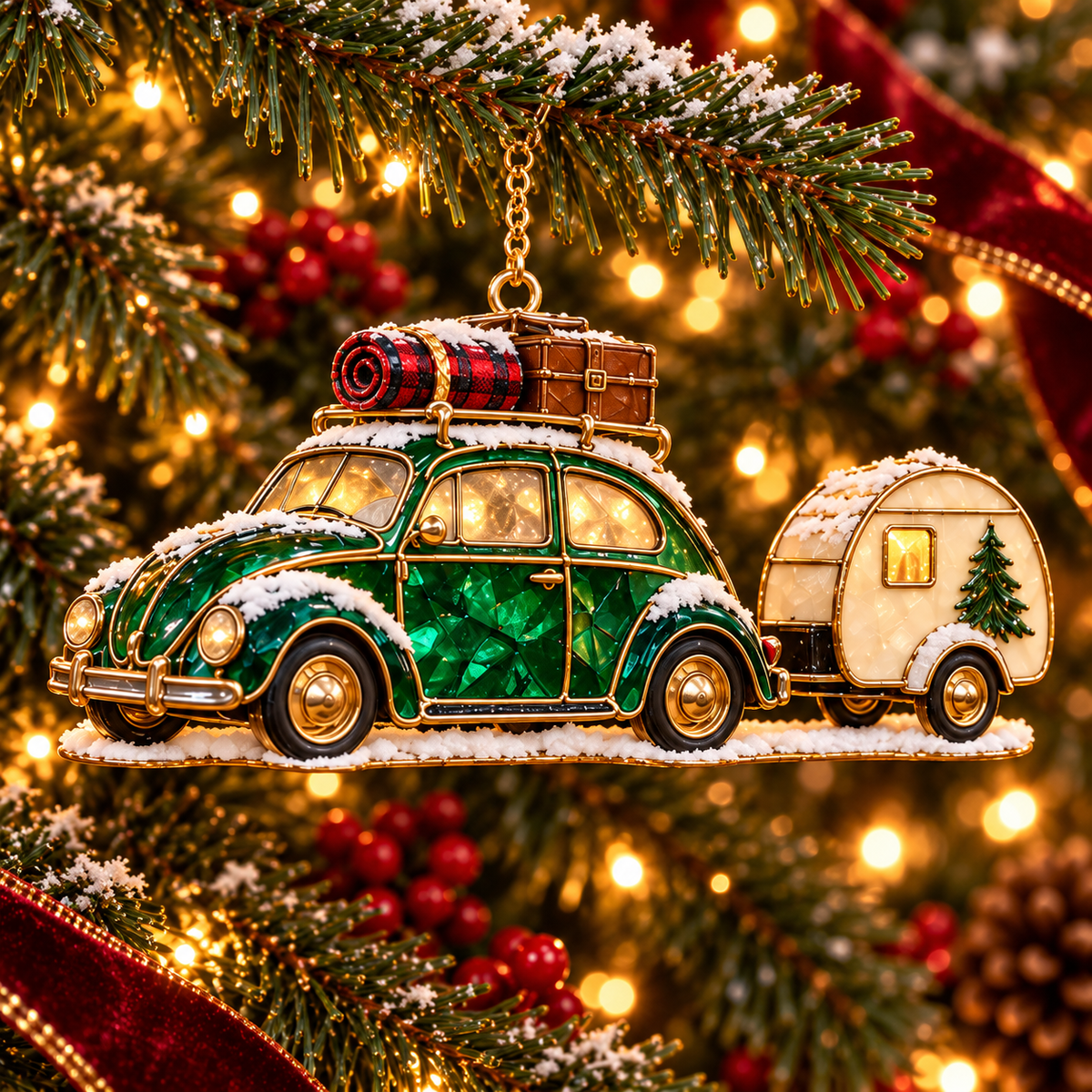 Vintage Christmas Rides – 6-Piece Stained-Glass Style Car Ornament Set