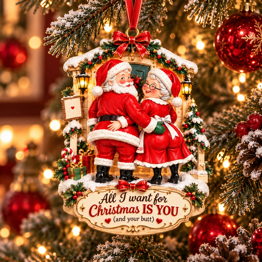 All I Want for Christmas Is You (And Your Butt) – Funny Santa & Mrs. Claus Christmas Ornament, Romantic Couple Keepsake & Christmas Gift for Husband or Wife