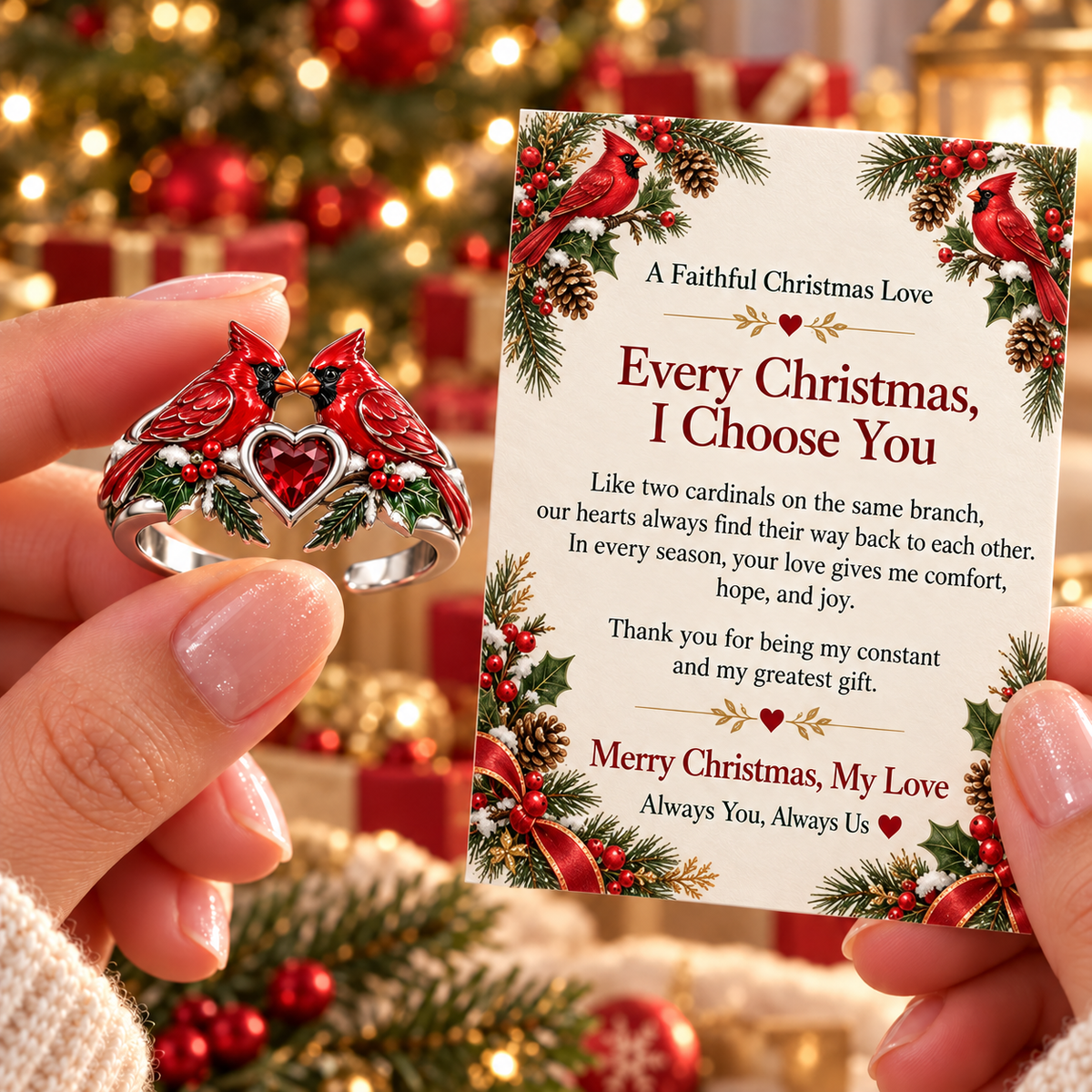 Christmas Cardinal Heart Ring with “I Choose You” Love Message Card
