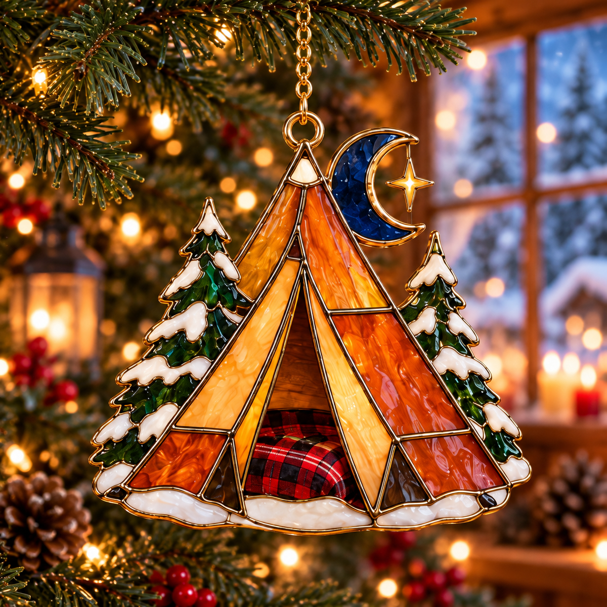 Cozy Christmas Camping — Vintage Stained Glass Style Ornaments, Set of 6