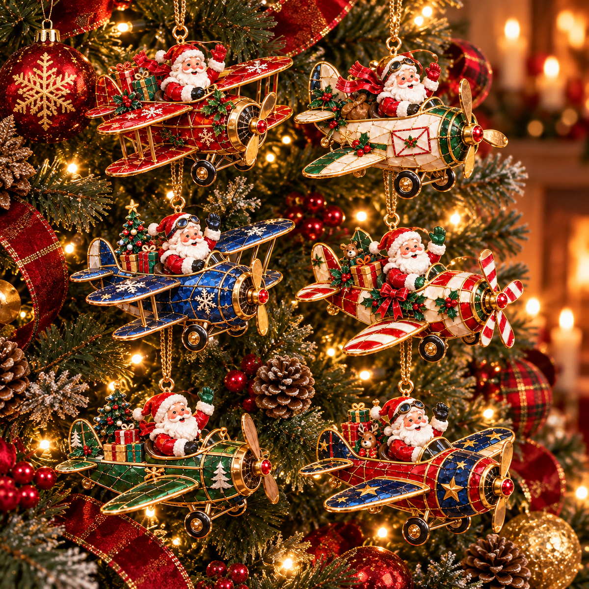 Santa’s Christmas Flight – 6-Piece Vintage Santa Airplane Ornaments Collection | Christmas Tree Decorations & Holiday Gift