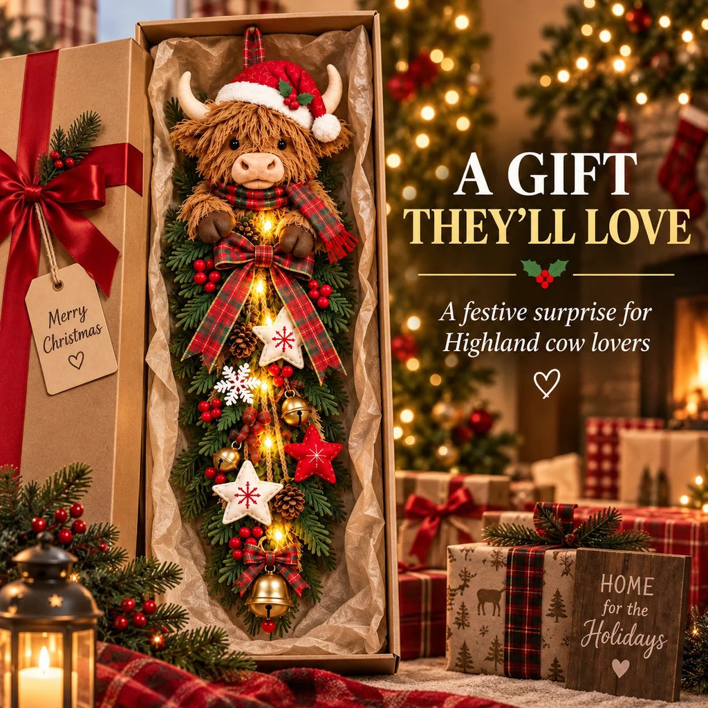 🔥Last Day 49% OFF✨🎄 Lighted Highland Cow Christmas Door Swag – A Cozy Holiday Welcome