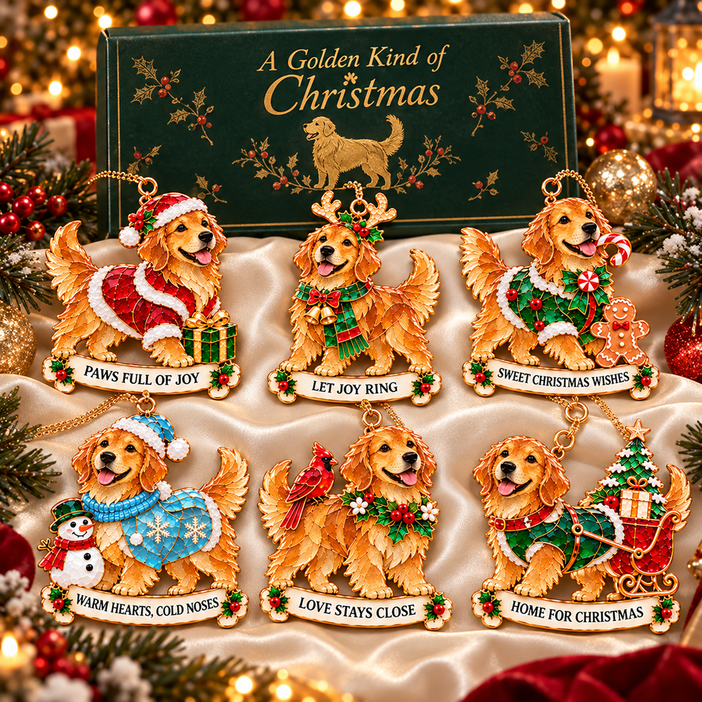 2026 Golden Retriever Christmas Ornaments – Set of 6 | Vintage Stained-Glass Style with Golden Accents & Heartwarming Holiday Wishes
