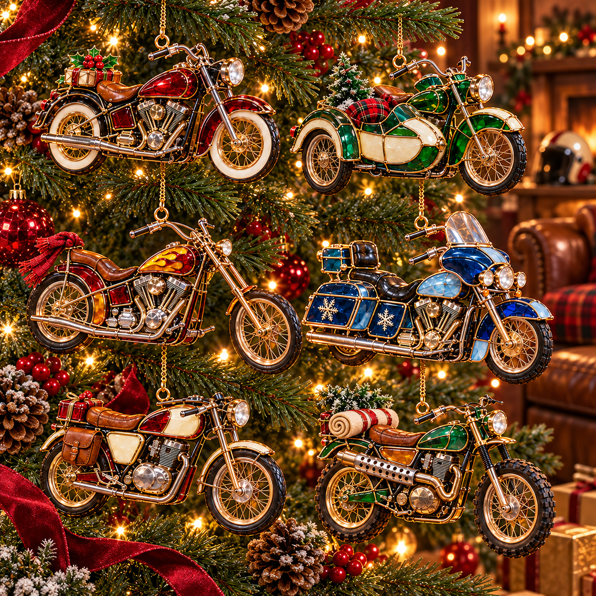✨ 2026 Vintage Stained Glass Motorcycle Christmas Ornaments – Set of 6 |  Retro Cruiser, Sidecar, Chopper & Adventure Motorbike Hanging Decorations | Christmas Tree Ornaments & Biker Gifts