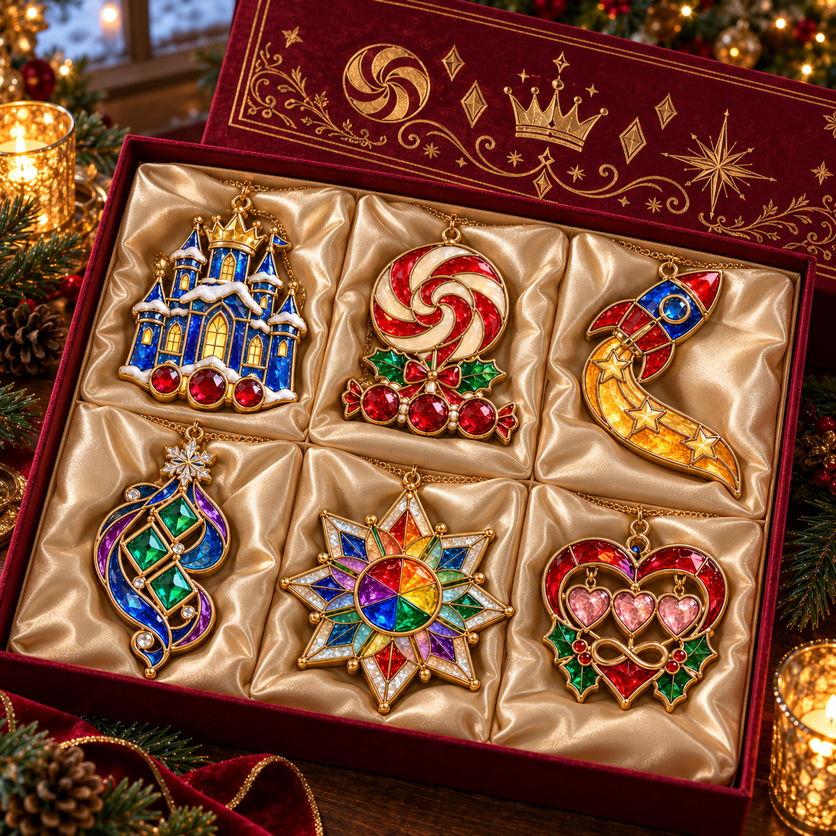 ✨ 2026 Magical Stained Glass Christmas Ornaments – Set of 6 |  Crystal Castle, Candy, Rocket, Rainbow Star & Heart Hanging Decorations | Colorful Christmas Tree Ornaments & Holiday Gifts