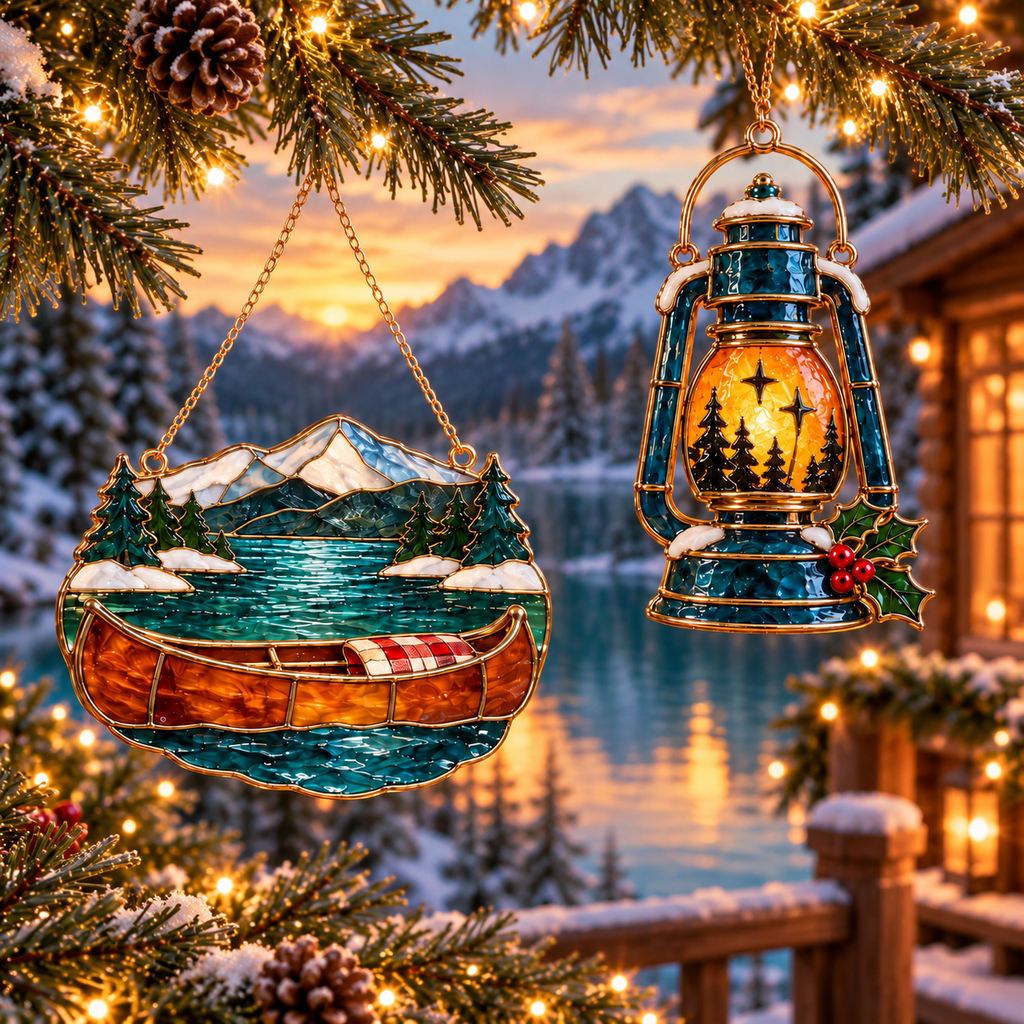 Cozy Christmas Camping — Vintage Stained Glass Style Ornaments, Set of 6