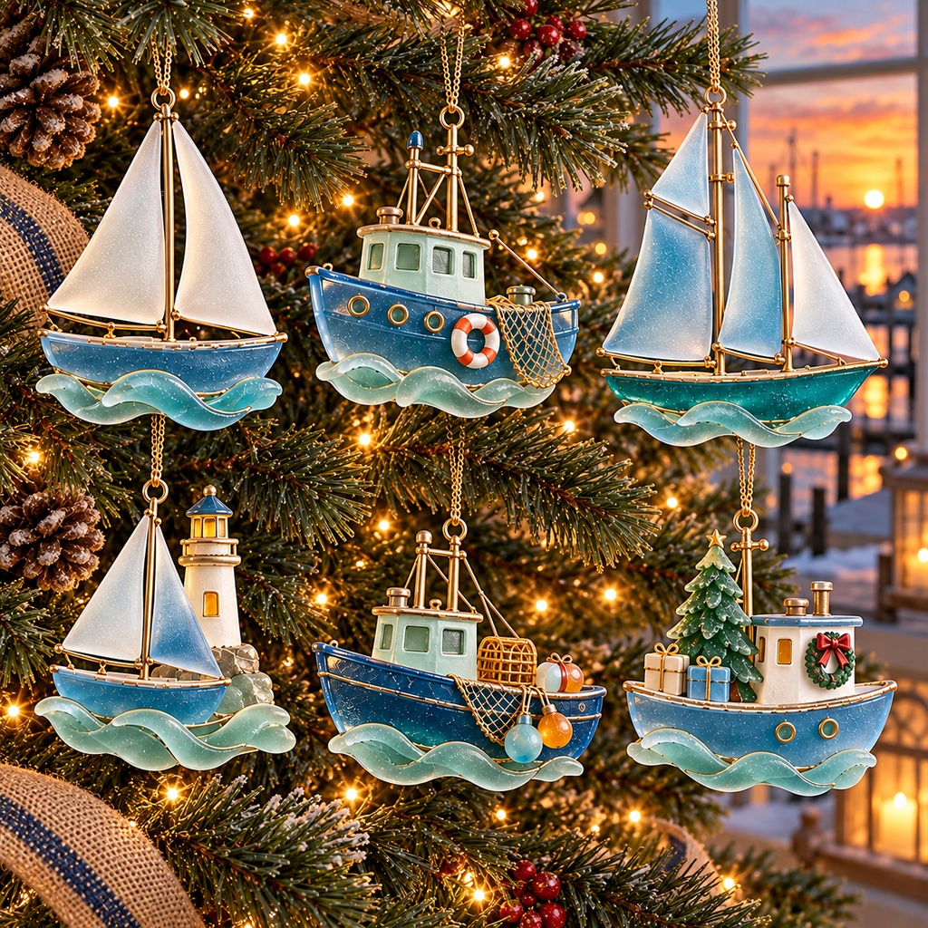 🌊 2026 Coastal Christmas Boat Ornaments – Set of 6 Nautical Holiday Keepsakes