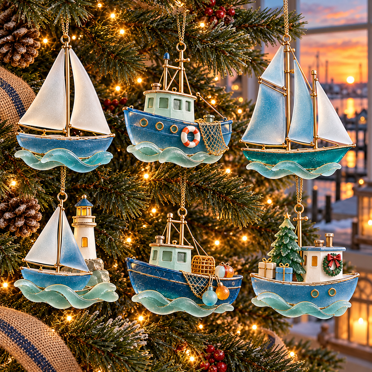 🌊 2026 Coastal Christmas Boat Ornaments – Set of 6 Nautical Holiday Keepsakes