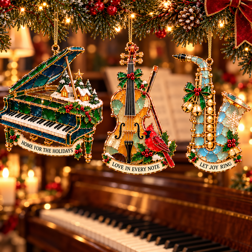 Christmas Melodies – 6-Piece Stained-Glass-Style Musical Instrument Ornament Set | A Christmas Gift for Music Lovers