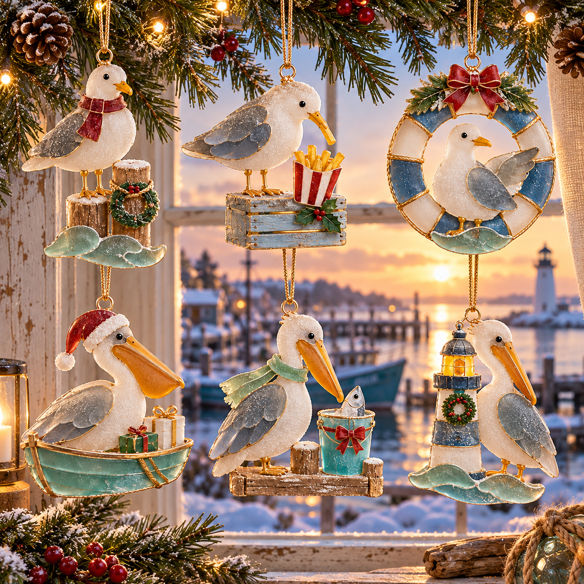 🌊 2026 Coastal Christmas Seabird Ornaments – Set of 6 Festive Seagull & Pelican Keepsakes