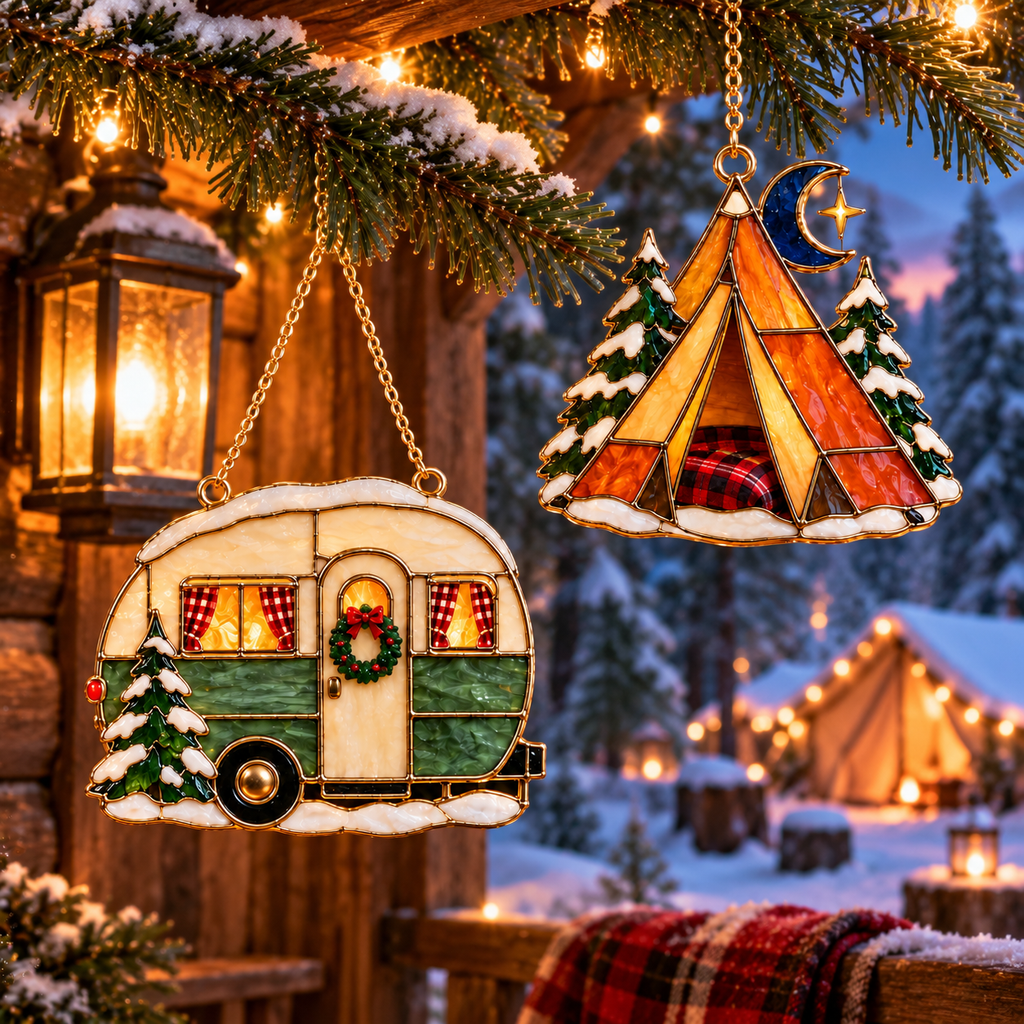 Cozy Christmas Camping — Vintage Stained Glass Style Ornaments, Set of 6