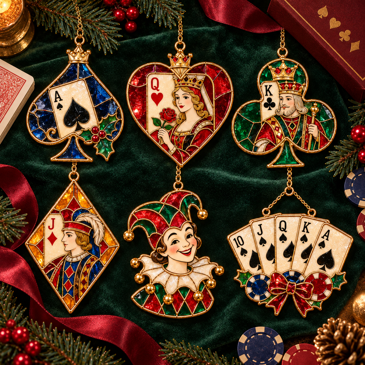 ✨ 2026 Vintage Stained Glass Playing Card Christmas Ornaments – Set of 6 |  Poker Ace, Queen, King, Jack & Joker Hanging Decorations | Casino & Card Game Christmas Tree Ornaments | Unique Gifts for Poker Lovers