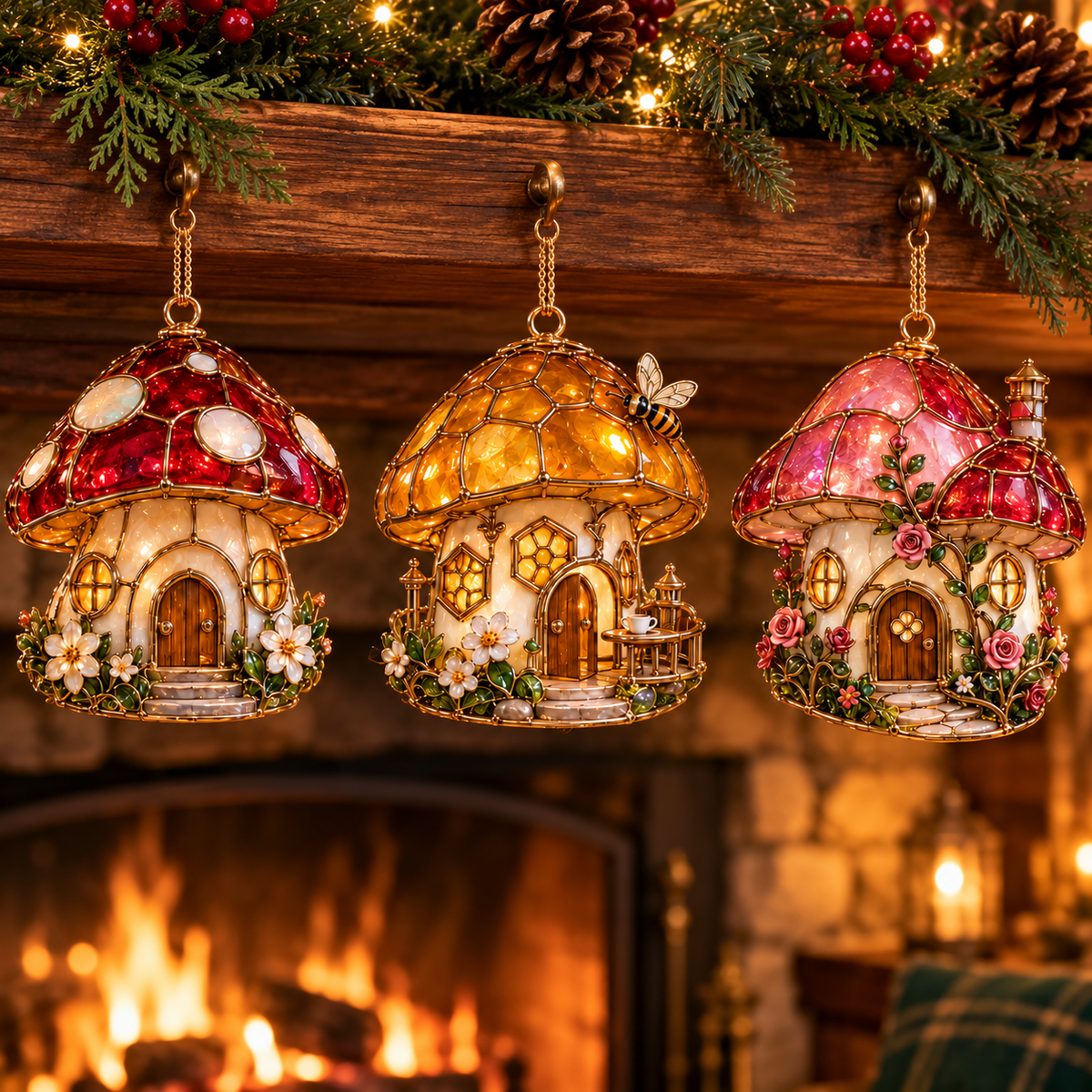 ✨ 2026 Enchanted Stained Glass Mushroom House Christmas Ornaments – Set of 6 | Fairy Cottage, Magical Forest, Moonlight Mushroom & Butterfly House Hanging Decorations | Whimsical Christmas Tree Ornaments & Fairy Garden Gifts