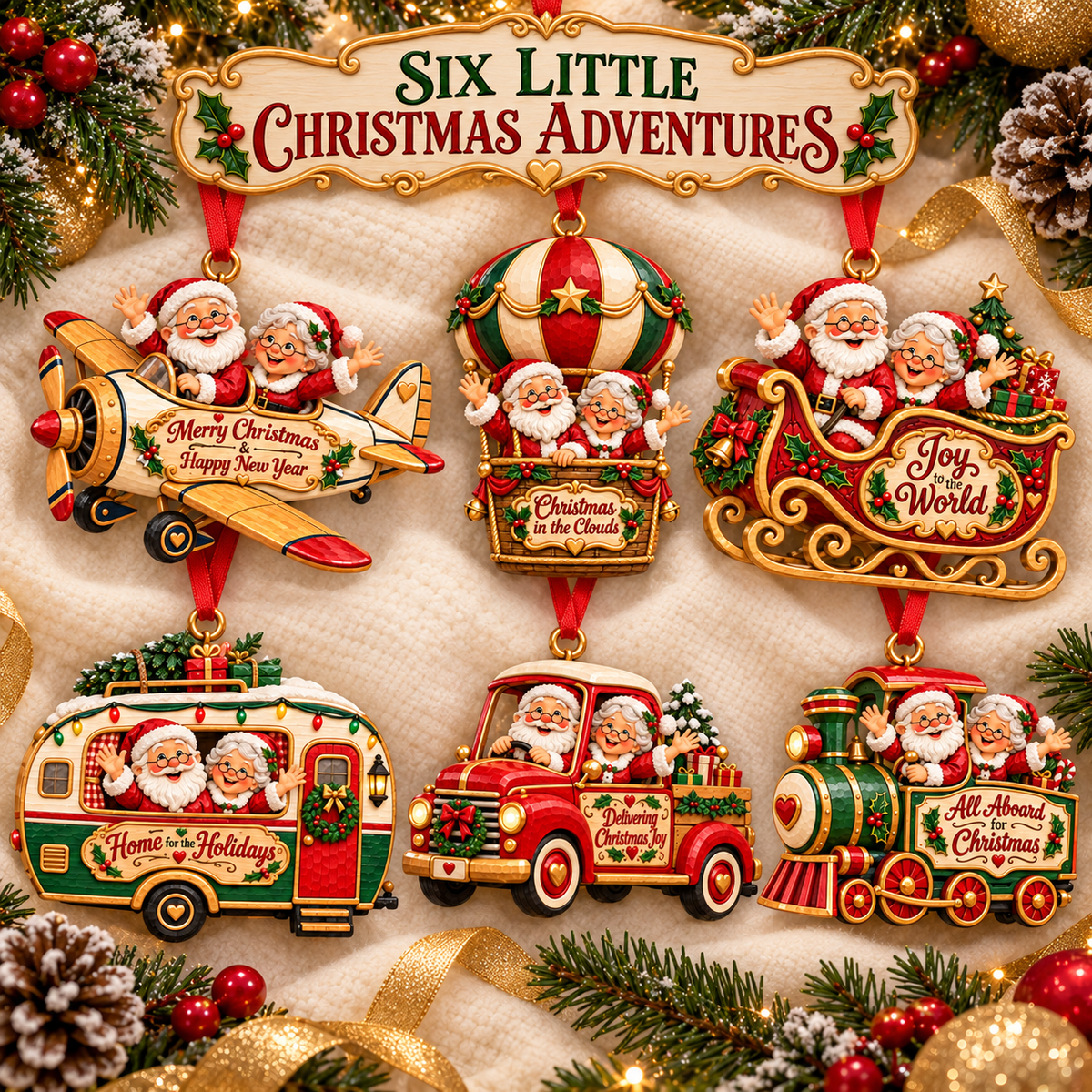 Santa & Mrs. Claus Christmas Adventures – Festive Tree Ornaments in 6 Charming Designs