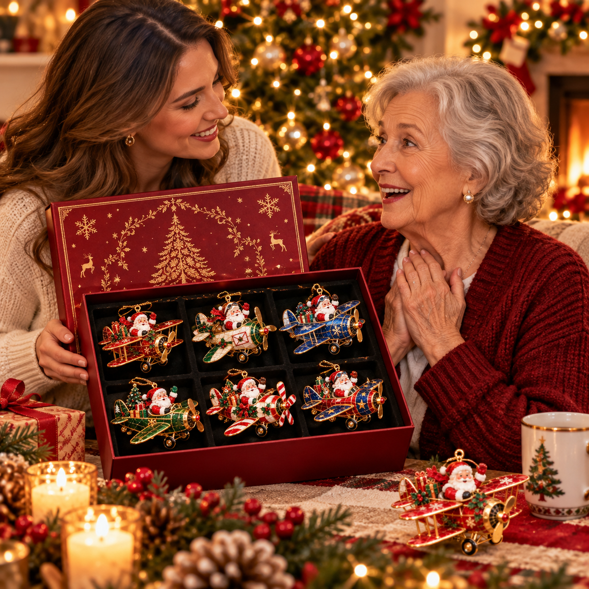 Santa’s Christmas Flight – 6-Piece Vintage Santa Airplane Ornaments Collection | Christmas Tree Decorations & Holiday Gift