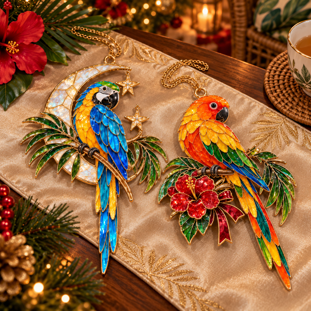 Tropical Parrot Christmas Ornaments – Vintage Stained Glass Style, Set of 6