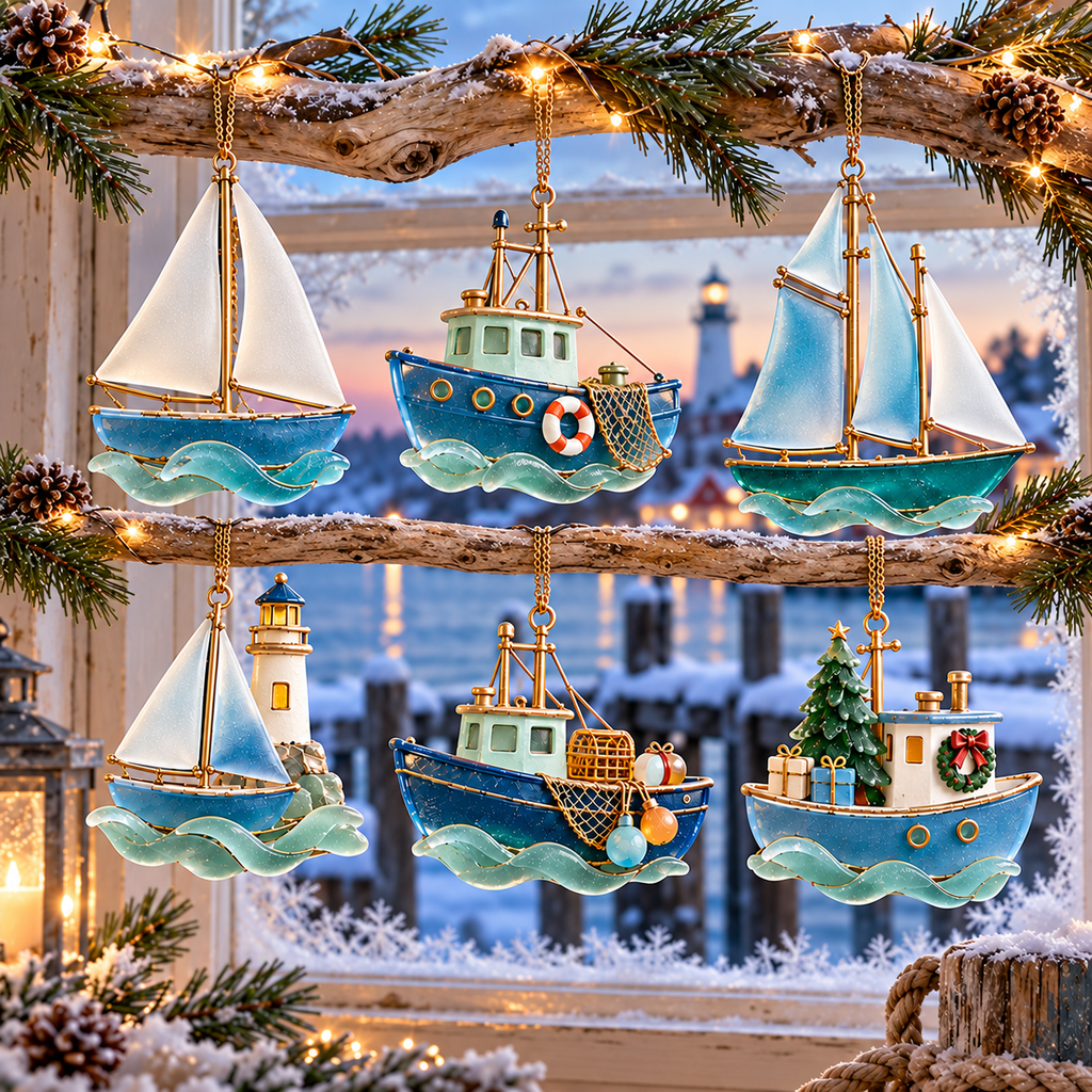 🌊 2026 Coastal Christmas Boat Ornaments – Set of 6 Nautical Holiday Keepsakes