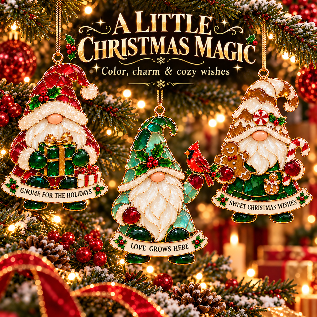 Gnome for the Holidays – 6-Piece Stained Glass–Style Christmas Ornament Set with Heartwarming Wishes
