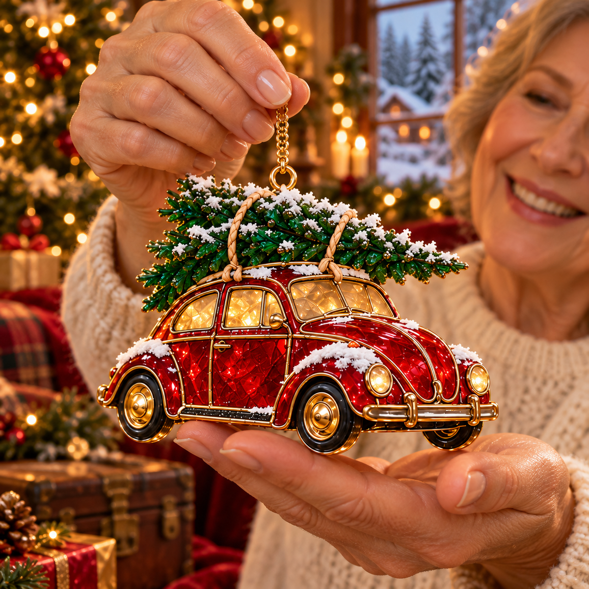 Vintage Christmas Rides – 6-Piece Stained-Glass Style Car Ornament Set