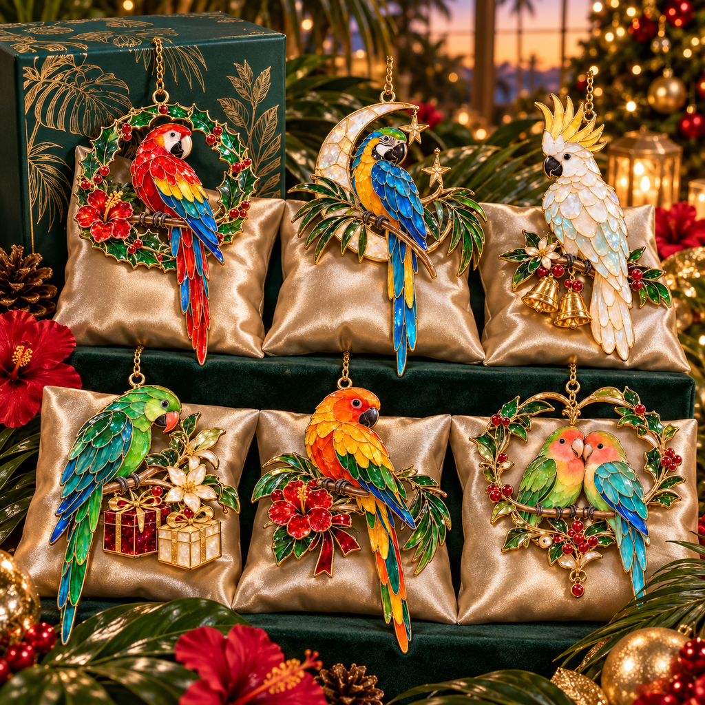 Tropical Parrot Christmas Ornaments – Vintage Stained Glass Style, Set of 6