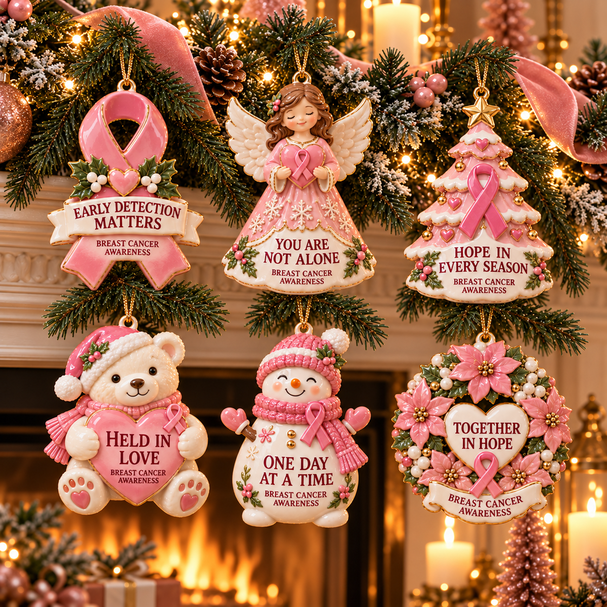 2026 Breast Cancer Awareness Christmas Ornament Set – 6-Piece Pink Ribbon Holiday Keepsake Gift