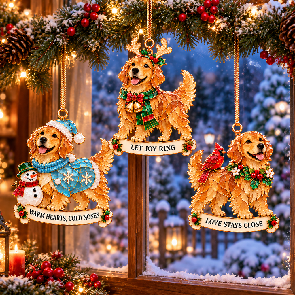 2026 Golden Retriever Christmas Ornaments – Set of 6 | Vintage Stained-Glass Style with Golden Accents & Heartwarming Holiday Wishes