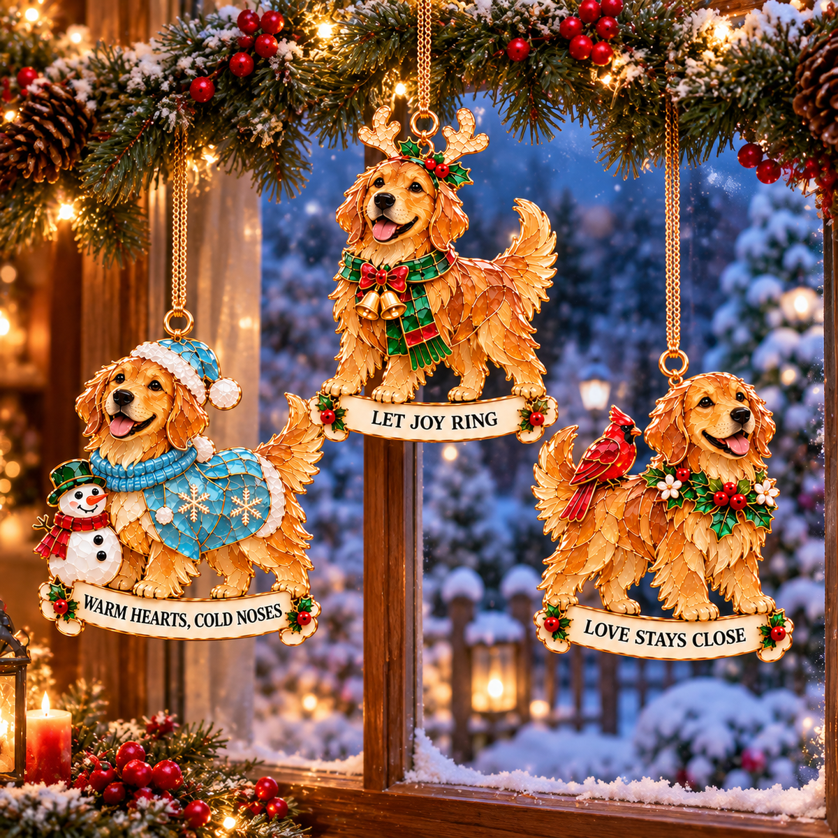 2026 Golden Retriever Christmas Ornaments – Set of 6 | Vintage Stained-Glass Style with Golden Accents & Heartwarming Holiday Wishes