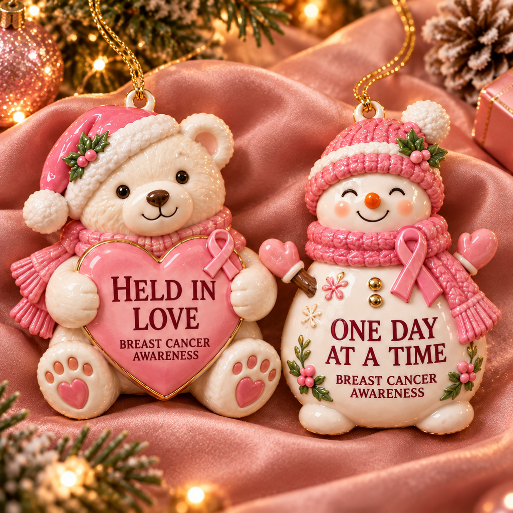 2026 Breast Cancer Awareness Christmas Ornament Set – 6-Piece Pink Ribbon Holiday Keepsake Gift