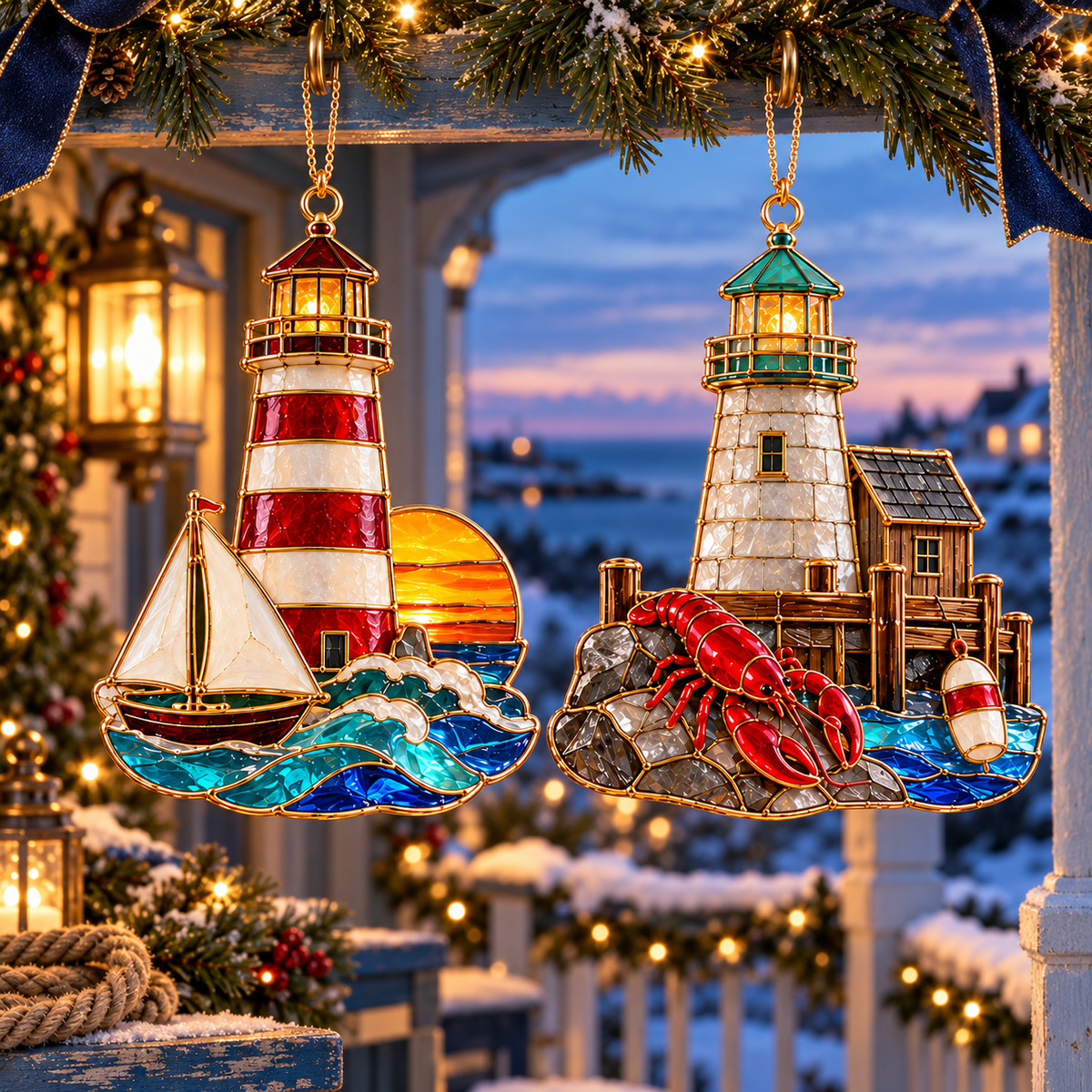 Coastal Lighthouse Christmas Ornaments – Vintage Stained Glass Style, Set of 6