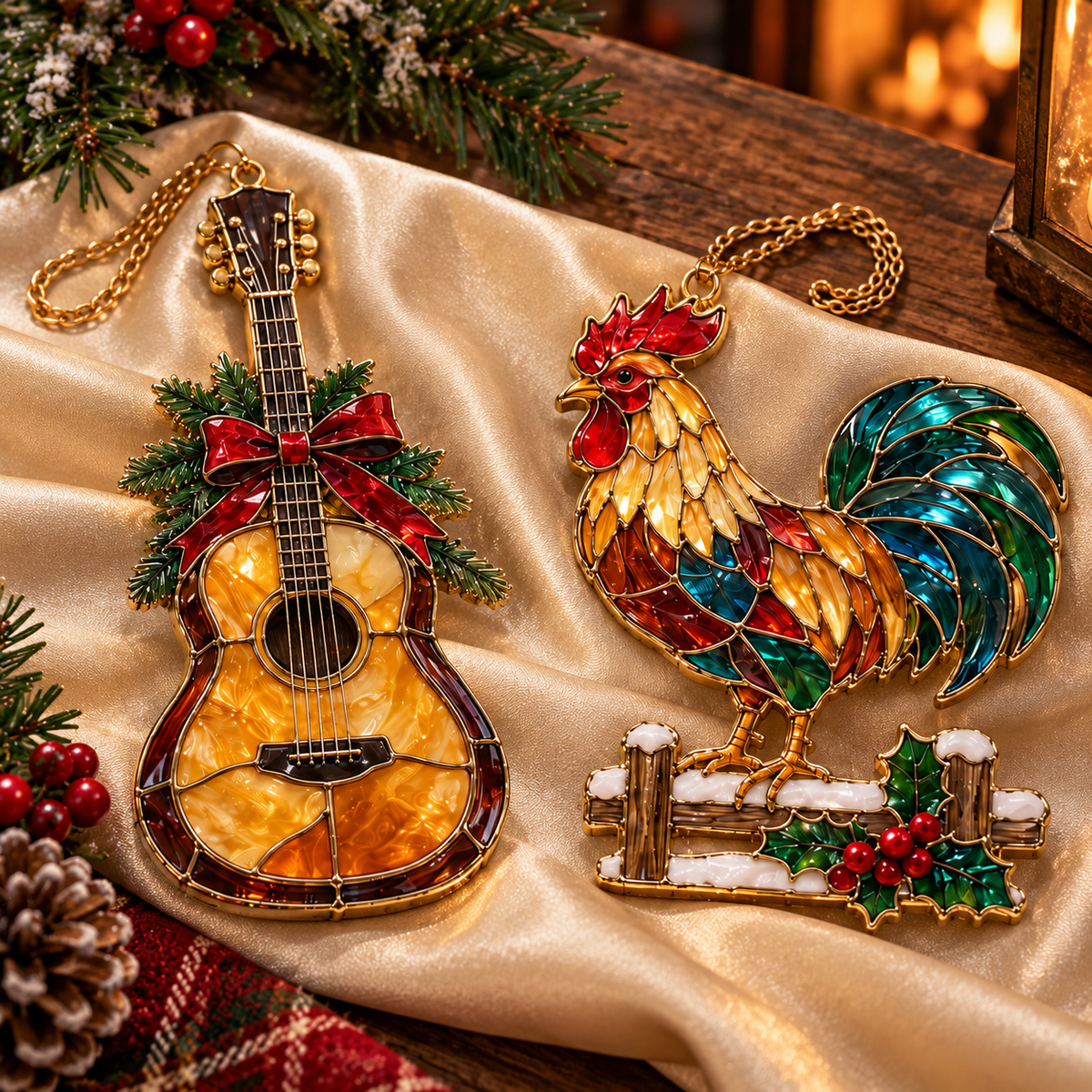 Country Christmas Charm – 6-Piece Vintage Stained Glass–Style Ornament Set