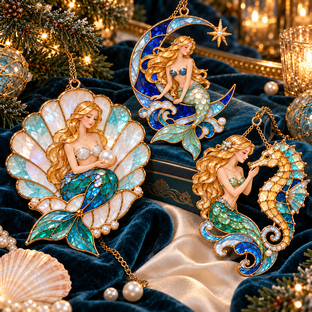 Ocean Enchantment – Vintage Stained-Glass Style Mermaid Christmas Ornaments, Set of 6
