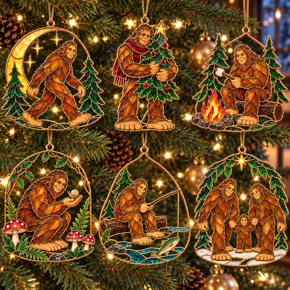 Woodland Wonders – Vintage Stained Glass Style Bigfoot Christmas Ornaments, Set of 6