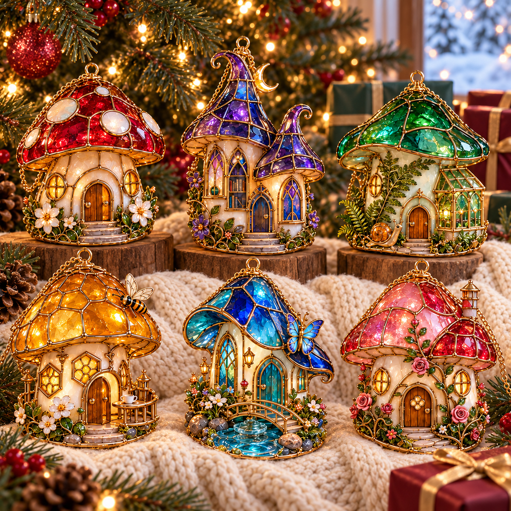✨ 2026 Enchanted Stained Glass Mushroom House Christmas Ornaments – Set of 6 | Fairy Cottage, Magical Forest, Moonlight Mushroom & Butterfly House Hanging Decorations | Whimsical Christmas Tree Ornaments & Fairy Garden Gifts