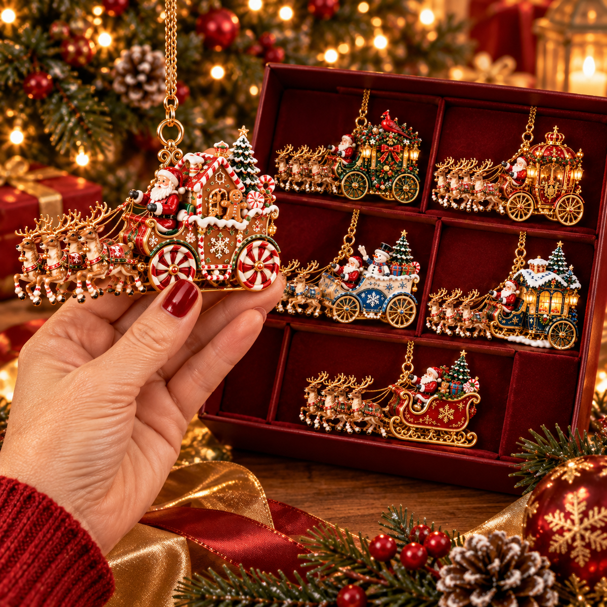 Santa’s Magical Christmas Journey – 6-Piece Vintage Reindeer Sleigh & Carriage Ornament Collection | Christmas Tree Decorations & Holiday Gifts