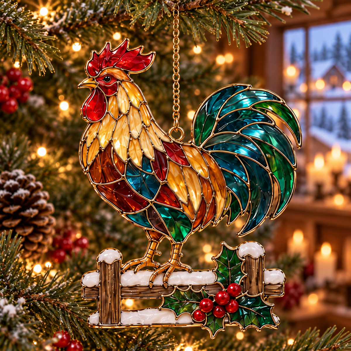 Country Christmas Charm – 6-Piece Vintage Stained Glass–Style Ornament Set