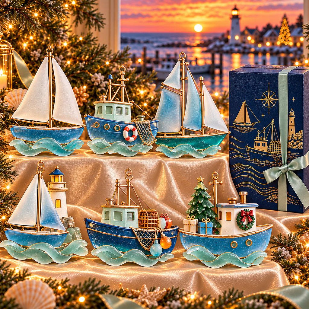 🌊 2026 Coastal Christmas Boat Ornaments – Set of 6 Nautical Holiday Keepsakes