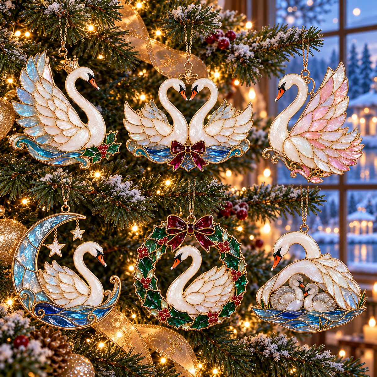 🎄 2026 Christmas Swan Ornaments – Set of 6 Elegant Holiday Keepsakes
