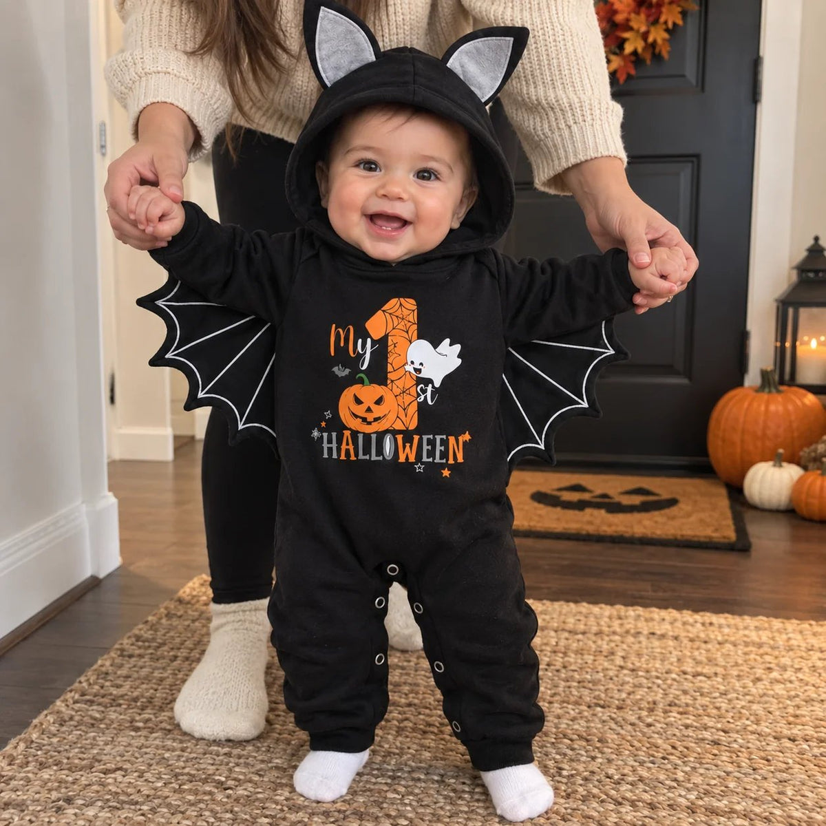 Baby My First Halloween Black Bat Costume Romper with Wing Details