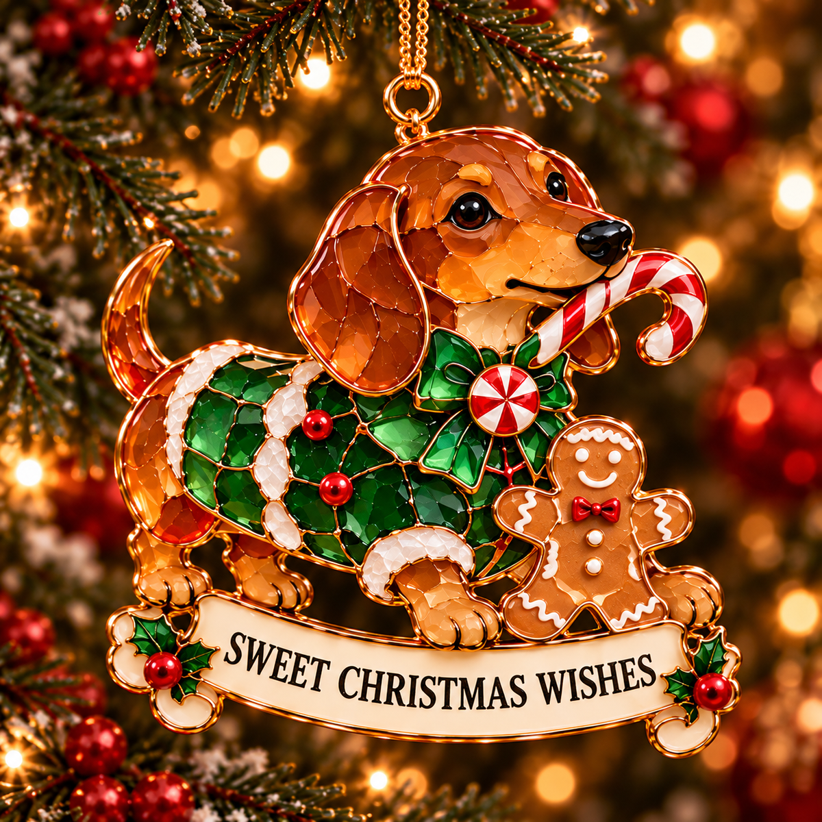 🐾🎄 Dachshund Christmas Ornaments Set of 6 - Stained Glass Style