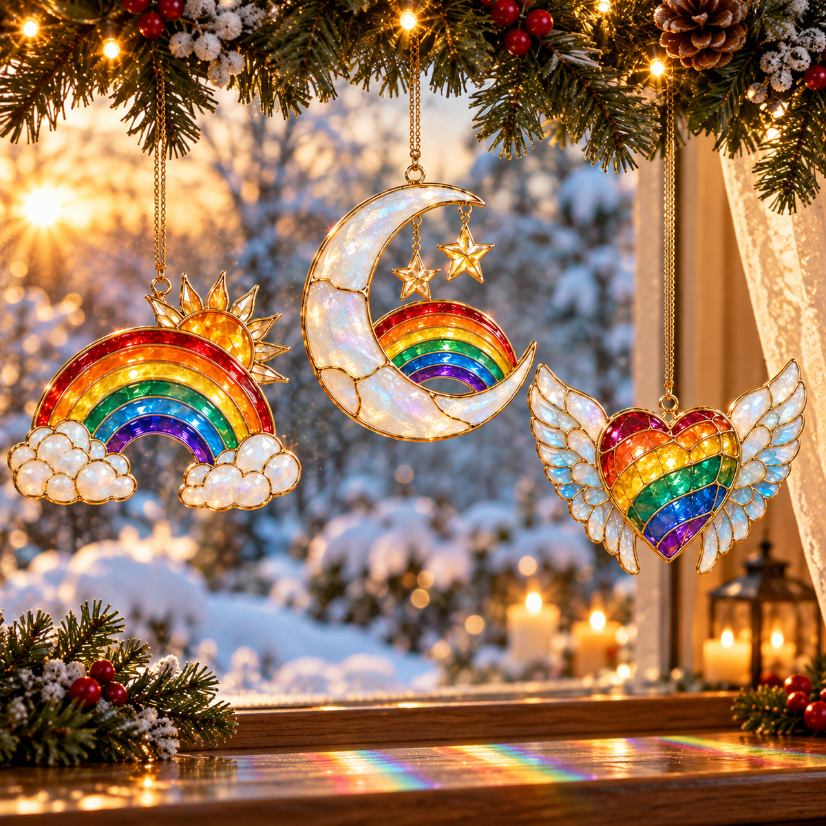 🎄 2026 Magical Rainbow Stained Glass Christmas Ornaments – Set of 6 | Rainbow, Butterfly, Crescent Moon, Hummingbird, Angel Wings Heart & Christmas Tree Hanging Decorations | Colorful Holiday Gifts